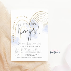 Twin Boys Baby Shower Invitation, Baby Boy Rainbows Invite Printable, Boho Baby Sprinkle Invites, Pastel Blue Gold Decor, Editable P136