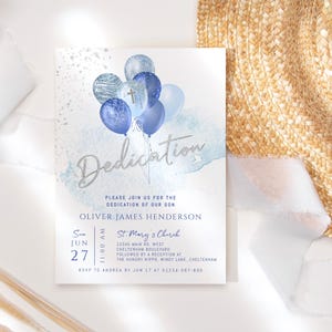 Dedication Invitation Template, Baby Boys Invite Printable, Blue Silver Balloons Decor, Editable Digital Download Card P291