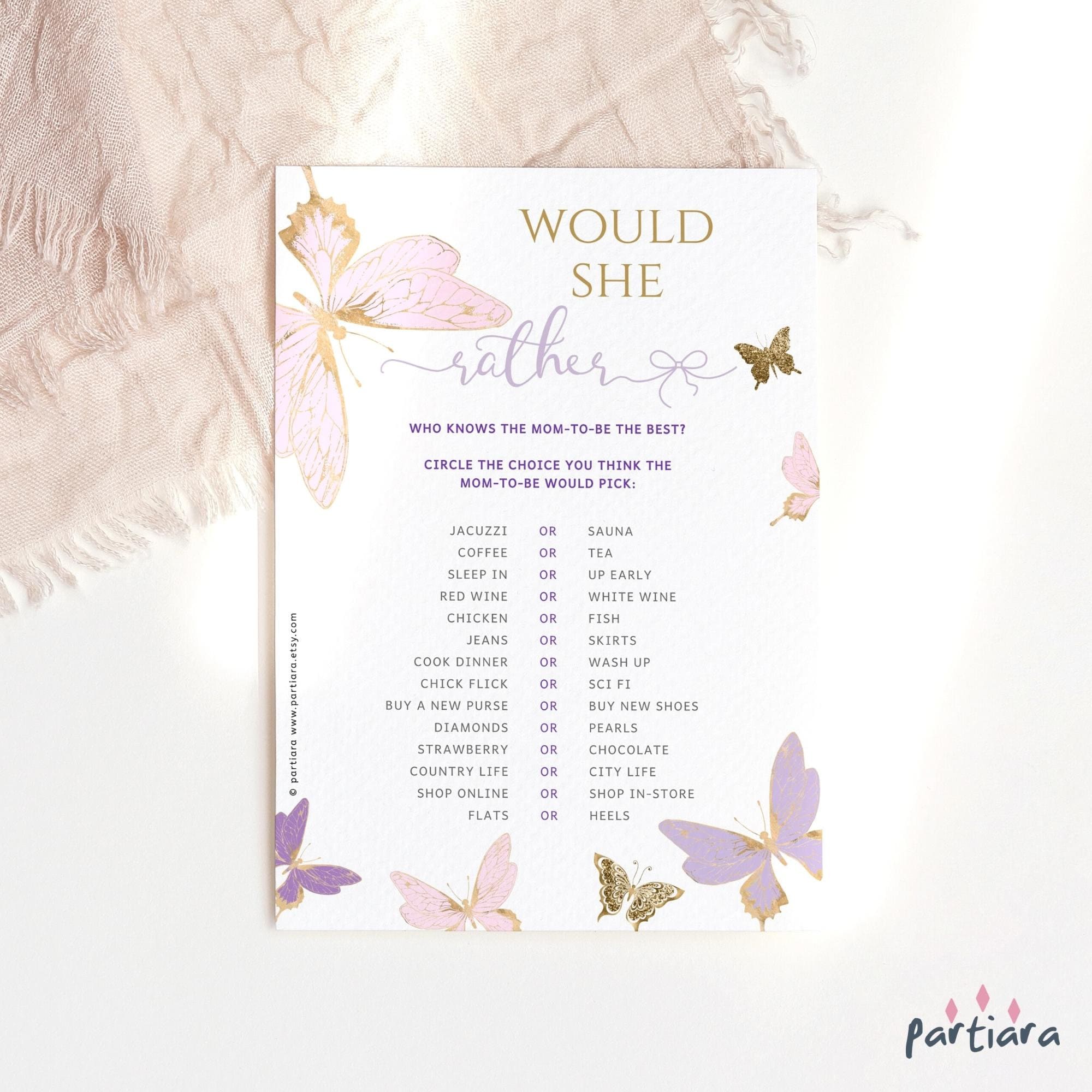Butterfly Baby Shower Game Would She Rather Editable Template Etsy