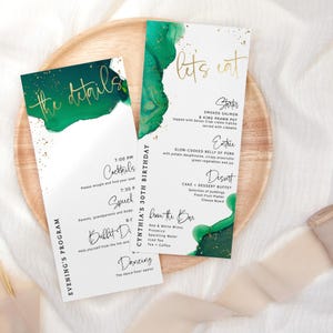 Emerald Green Program Template, Birthday Dinner Party Menus with Itinerary Printable, Editable Digital Download Cards P257