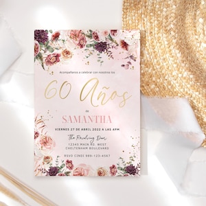 60 Anos Convite Espanhol 60º Aniversário Convites Senhoras Blush Rosa Vermelho Floral Jantar Festa Convites Imprimível Editável Digital Download P173