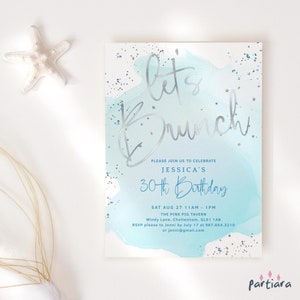 Winter Brunch Invitation, Birthday Brunch Invites Printable, Ladies Lets Brunch, Bridal Shower Pastel Blue Silver, Editable Download P458