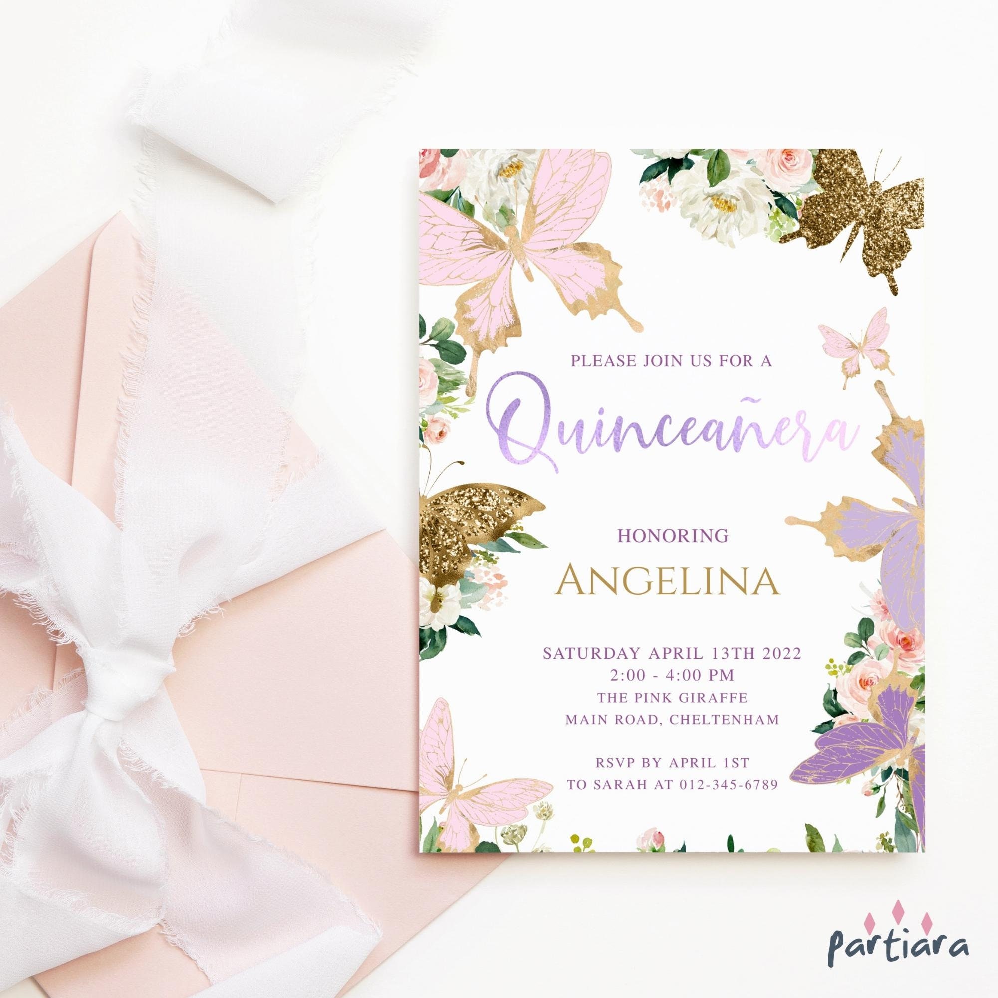 Quinceañera Purple Lilac Floral Butterflies Tiara Invitation Zazzle