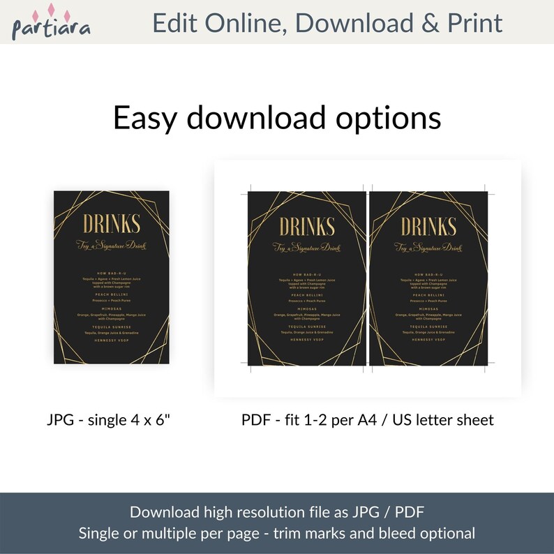 Black Gold Signature Drinks Menu Birthday Cocktails Bar Menus Etsy