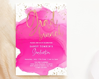 Graduation Invitation, Brunch Party Invite Digital Download, Teen Girls Grad Celebration, Hot Pink Gold Decor Printable, Editable P200