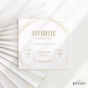 Adult Party Invitation Template, Birthday Invite Printable, Elegant Modern All White Gold Events Card for Men or Ladies, Editable P86
