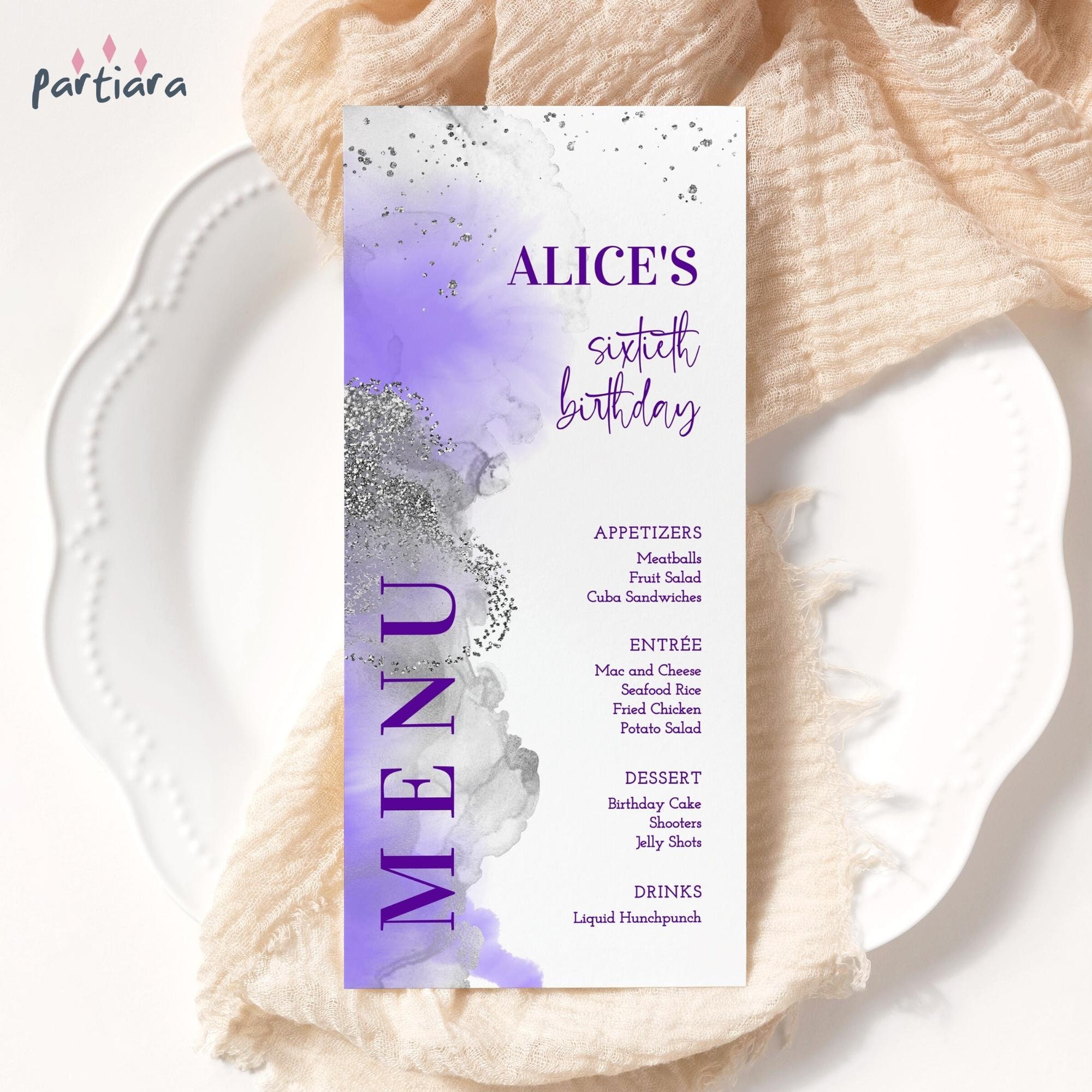 Purple Birthday Menu Template, Ladies Place Setting Menus Printable ...