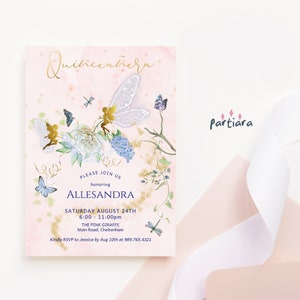 Invitación de quinceañera con hada, tarjeta imprimible de bosque encantado, plantilla editable para fiesta en el jardín con mariposas, flores rosas y azules, descarga P204