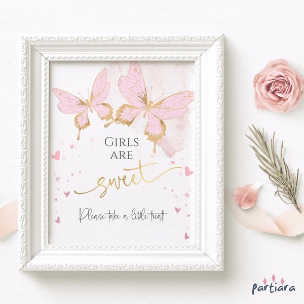 Blush Pink Gold Girls Are Sweet Favor Sign Butterfly Birthday Party or Baby Shower Shower Sweet Treats Dessert Table Decor Editable P6 P293