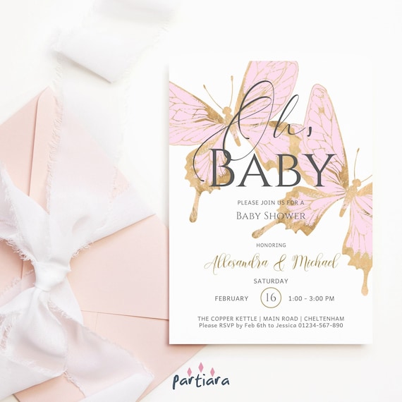 Pink Butterfly Baby Shower Invitation Printable Girl Pastel Etsy