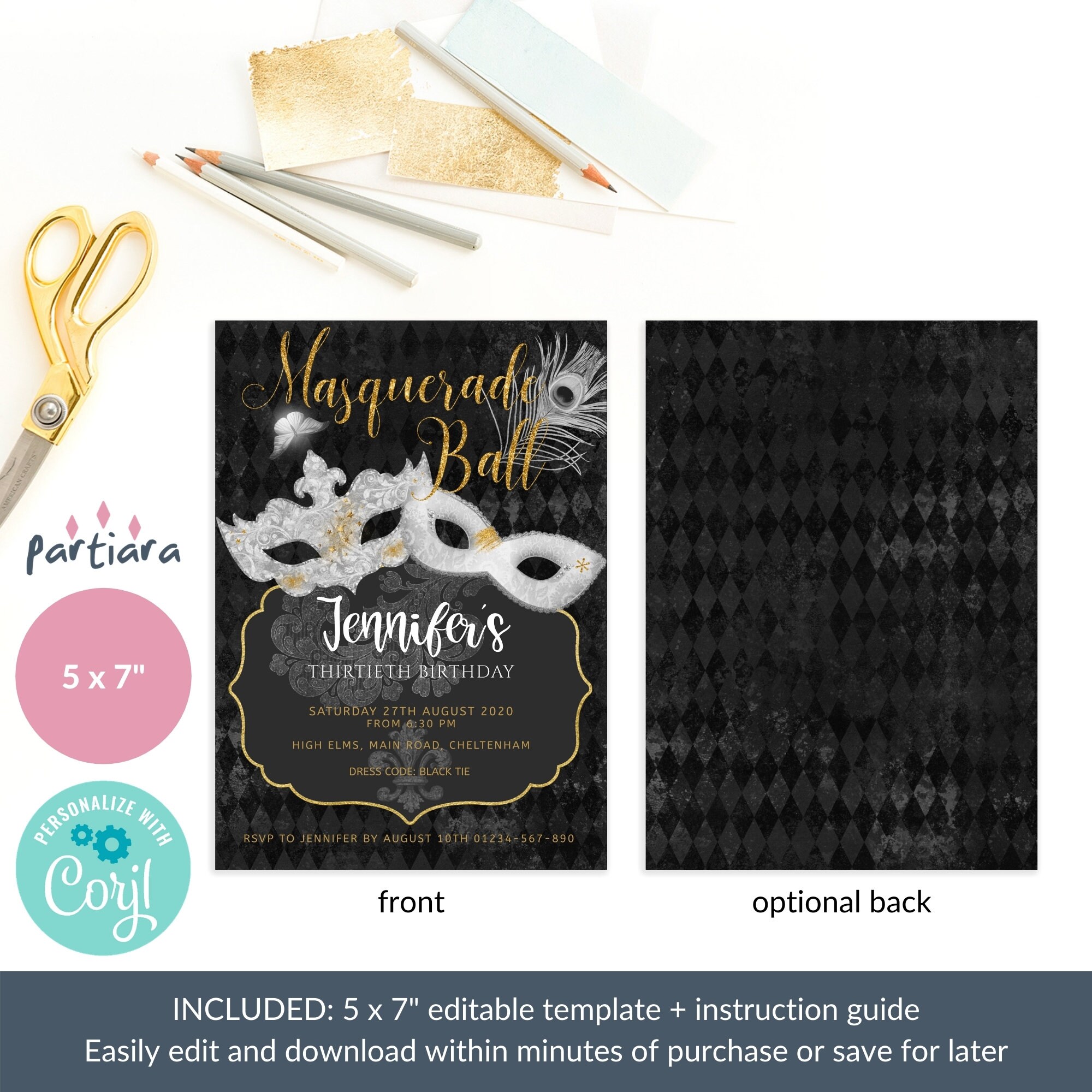 Masquerade Ball Birthday Invitation Printable Black Gold - Etsy
