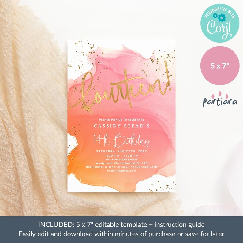 Girls 14th Birthday Invite Digital Download, Summer Party Invite Template, Pink Orange Peach Decor, Editable Card P722 image 6