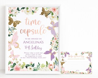 Editable Butterfly Princess Time Capsule 1st Birthday Party Game Sign and Notecard Set Girls First Enchanted Garden Theme Printable P328