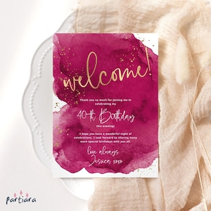 Letrero de bienvenida para mesa de oro rojo, decoración para cena de cumpleaños, imprimible, aniversario de bodas de rubí, plantilla digital editable, descargable P362