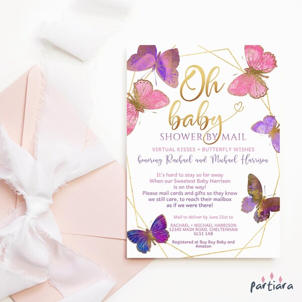 Girl Shower by Mail Invitation Template, Butterfly Kisses Virtual Baby Shower Invitation Printable, Distance Baby Shower Invite Editable P8