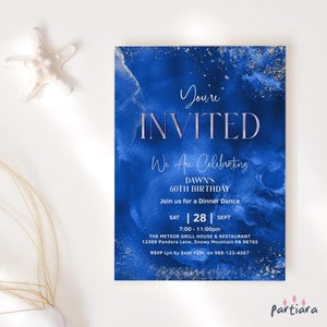 Convite de aniversário feminino: Azul Royal - Você está convidada para um jantar - Download digital P271