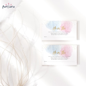 Babyshower luier of doekjes gamekaartsjabloon, hij of zij Gender Reveal Party Notecard afdrukbaar, pastelblauw roze rookwolk, bewerkbaar P16