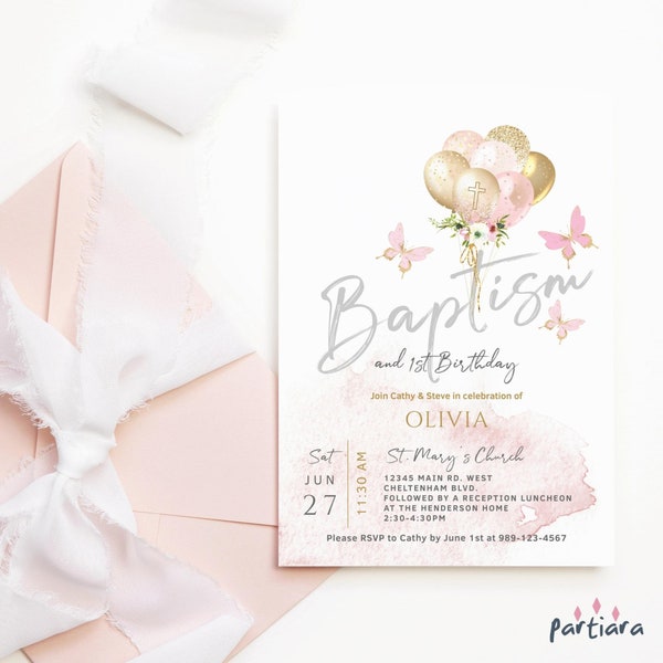 Girl Baptism and 1st Birthday Invitation Butterfly Balloons Printable Editable Digital Download Template Blush Pink Floral P10 P583