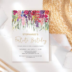 Summer Floral Garden Party Invitation, Editable Birthday Invites for Women, Magenta Blush Purple with Gold Invitation Online Printable P621