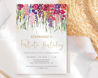 Summer Floral Garden Party Invitation, Editable Birthday Invites for Women, Magenta Blush Purple with Gold Invitation Online Printable P621