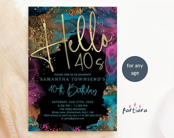 Hellos 40s Invite 40th Birthday Invitations Ladies Forties Dinner Party Invites Printable Editable Download Teal Blue Pink Gold Decor P750