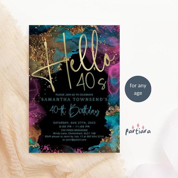 Hellos 40s Invite 40th Birthday Invitations Ladies Forties Dinner Party Invites Printable Editable Download Teal Blue Pink Gold Decor P750