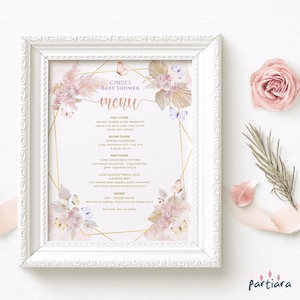 Baptism Menu Sign Butterfly Party Printable, Girls Baby Shower Buffet Table Menus Poster, Pastel Pink Pampas Birthday Menus, Editable P171
