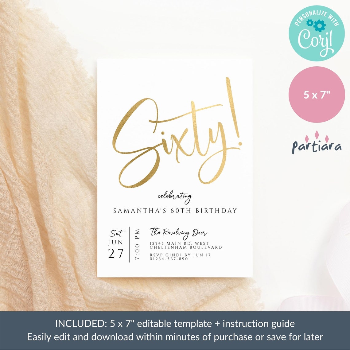 60th Birthday Invitation Printable Gold All White Party Decor - Etsy UK