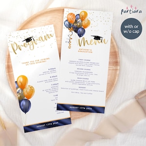 Modèle de menu de remise des diplômes, programme de remise des diplômes imprimable, cartes de table de fête des diplômés universitaires, décoration ballons bleus orange, téléchargement modifiable P288
