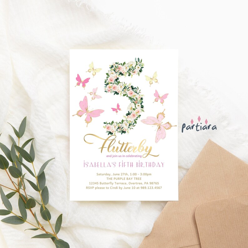 Girls 5th Birthday Invitation Butterfly Floral Party Invites Printable Editable Digital Download Template Blush Pink Gold