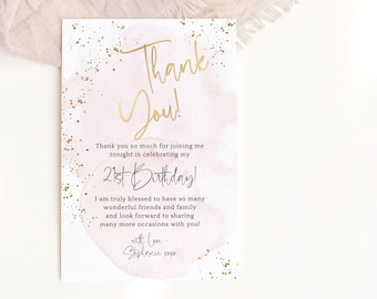 Blush Pink Gold Thank You Card Printable Ladies 21st Birthday Party Teen Girls Pastel Notecards Editable Digital Download Template P249