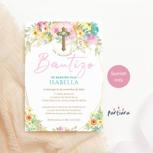 Invitación floral para bautizo (fiesta española) imprimible, invitación para el primer cumpleaños de niña, tarjeta con flores pastel, plantilla digital editable (P310)