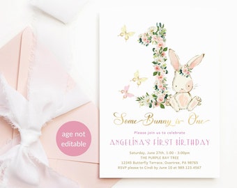 Some Bunny is One-uitnodiging: meisjes Somebunny 1e verjaardag bewerkbare sjabloon roze bloemen goud P376