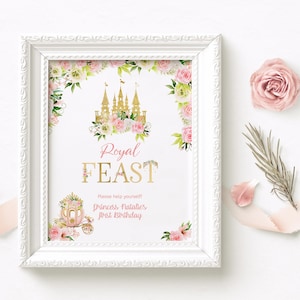 Princess Birthday Food Table Sign Printable Royal Fairytale Buffet Party Tables Poster Decor Pink Gold Floral Castle Carriage Editable P137