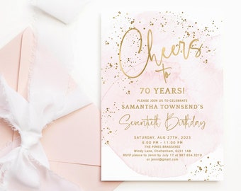 Ladies 70th Birthday Invite Cheers to Seventy Years Dinner Party Invitation Printable Pastel Blush Pink Gold Sprinkles 249 P132