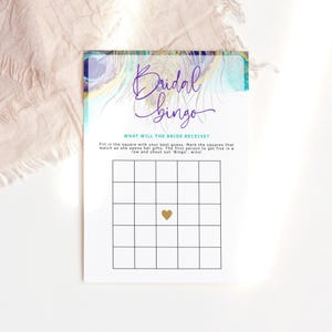 Tarjeta de bingo de pavo real para despedida de soltera, plantilla de juego de fiesta de bodas editable, descarga digital P83