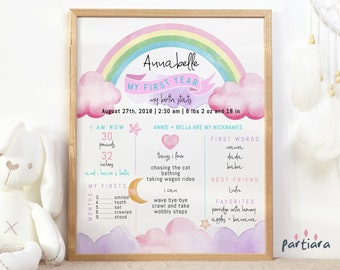 1st Birthday Board Rainbow Party Milestone Sign Printable First Year Birth Stats Sign Pink Pastel Decoration Editable Digital Download P56