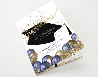 Abschlussprogramm Selbst bearbeitbares marineblaues Gold College-Highschool oder Universitäts-Graduierten-Programme druckbare zweifach gefaltete Broschüre Vorlage P631