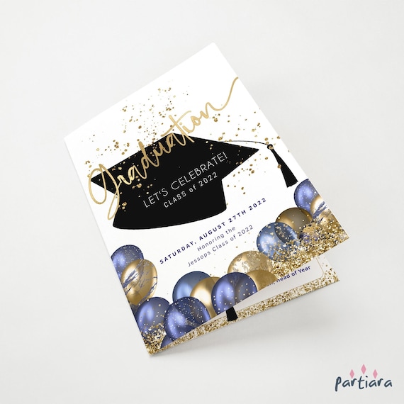 Graduation Program Self Editable navy Blue Gold College High School or University Grad Programs Printable Bi-Fold Booklet Template P631