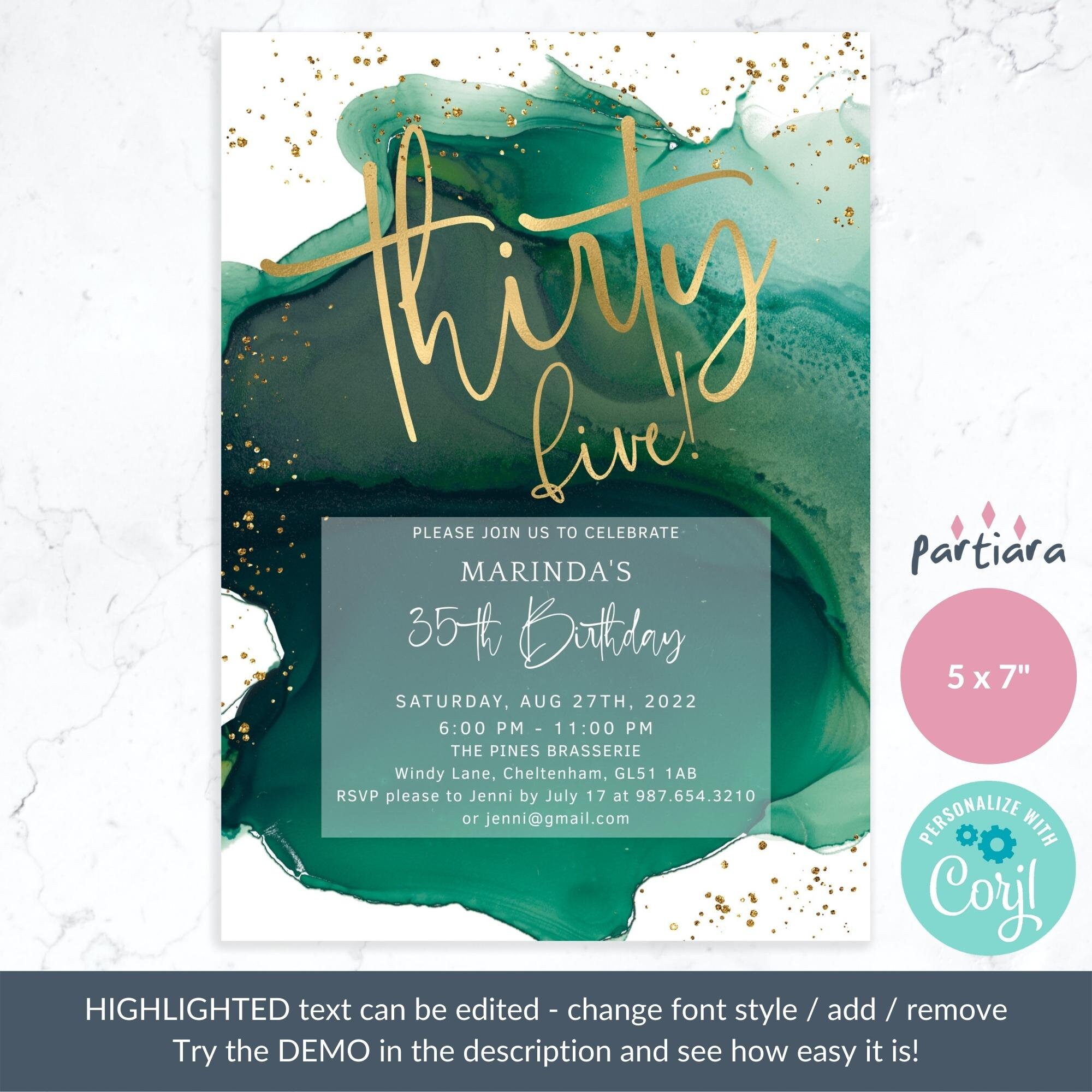 Emerald Green Birthday Invitation Editable 37th Party Invites Etsy