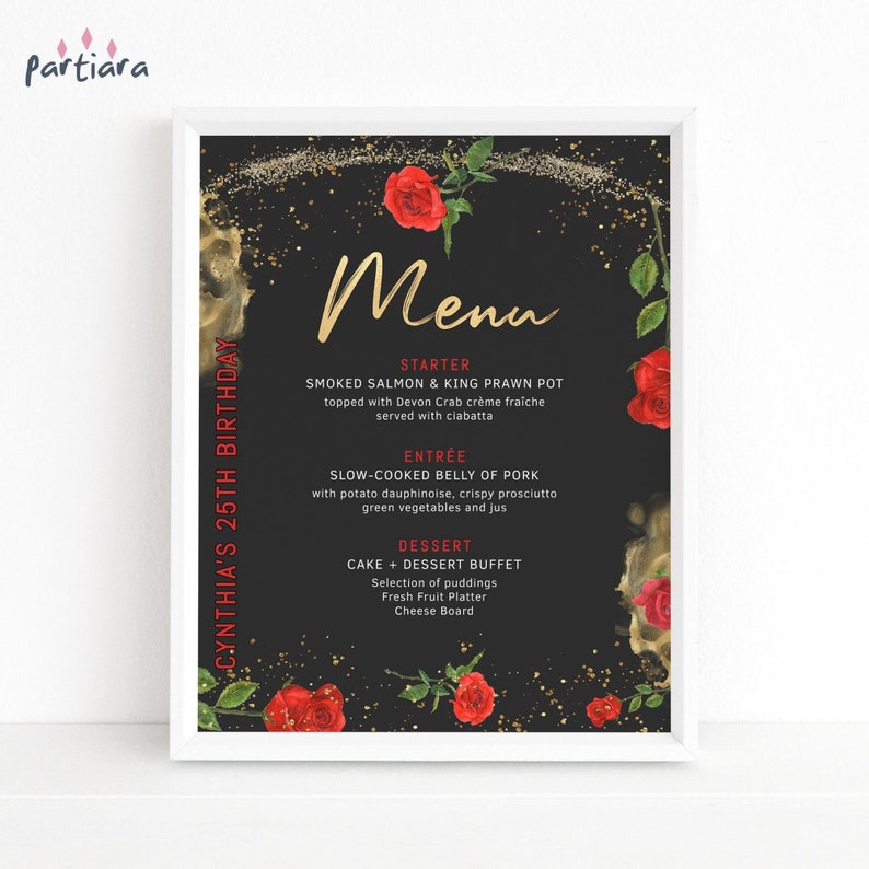 Red Roses Menu Editable Birthday Menus for Ladies Any Age Etsy Singapore