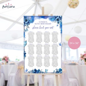Sweet 16 Seating Chart Butterfly Party Printable, Royal Blue Silver Quinceanera Birthday Floral Seating Sign Editable Template Download P617