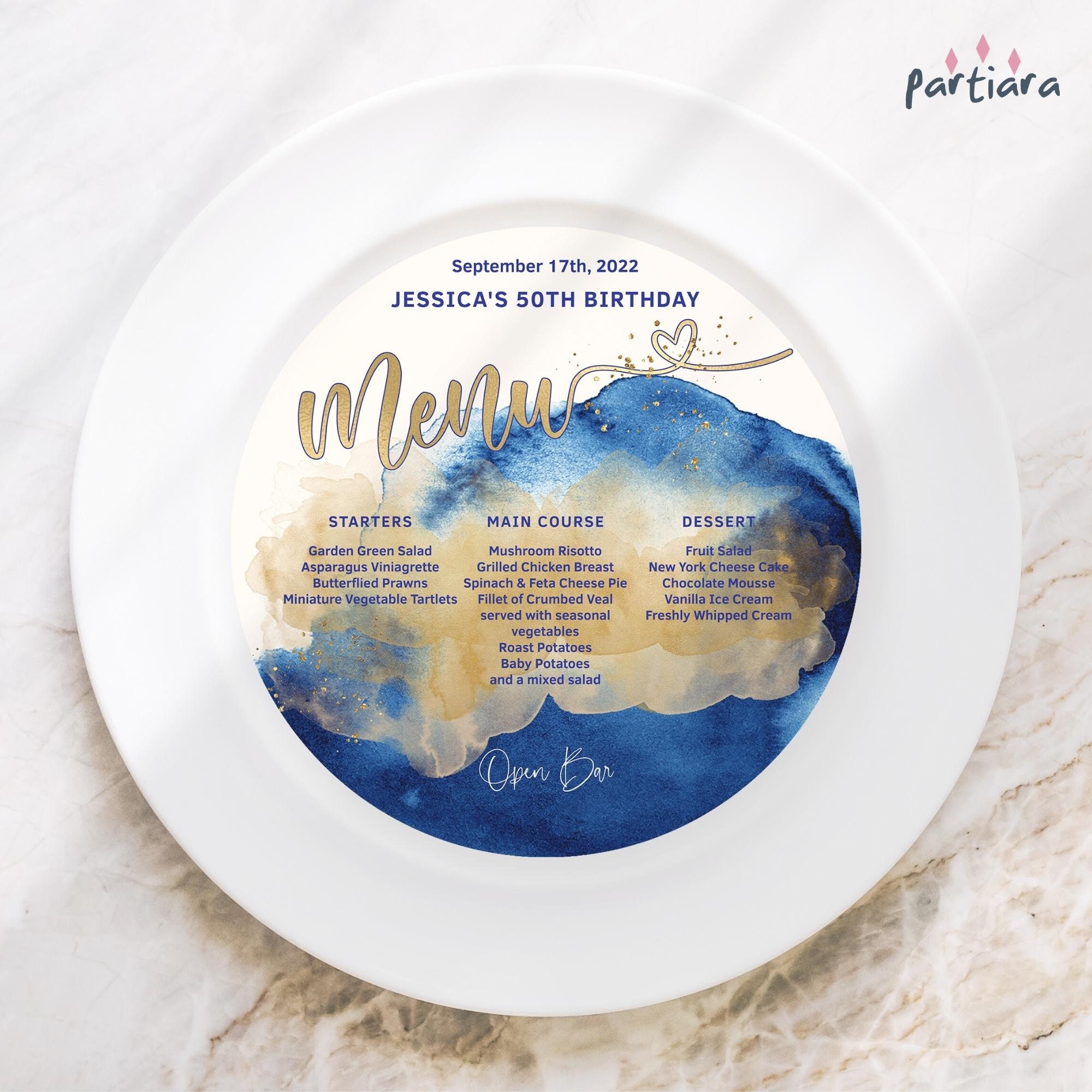 Editable Menu Charger Card Blue Gold Plate Chargers Birthday Menus Digital  Download for Men or Ladies Retirement Party Printable P260 -  Sweden