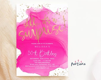 Surprise Party Invitation Template: Girls Birthday Invite in Hot Fuchsia Pink and Gold P200