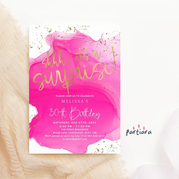 Editable Ladies Surprise Birthday Invite Template Hot Fuchsia Pink Gold Dinner Drinks Party Invitation Printable Digital Corjl Download P200