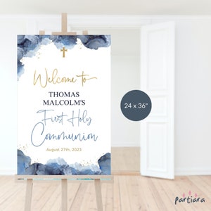 First Holy Communion Sign, Welcome Poster 24x36 Editable Template, Boys Baptism Welcome Sign Printable, Navy Blue White Gold Decor P239