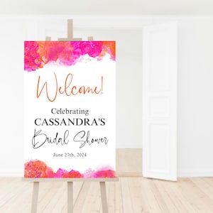 Panneau de bienvenue rose orange, affiche de bienvenue pour la douche nuptiale rose fuchsia, imprimable, panneau de bienvenue d'anniversaire tropical, modèle modifiable P200