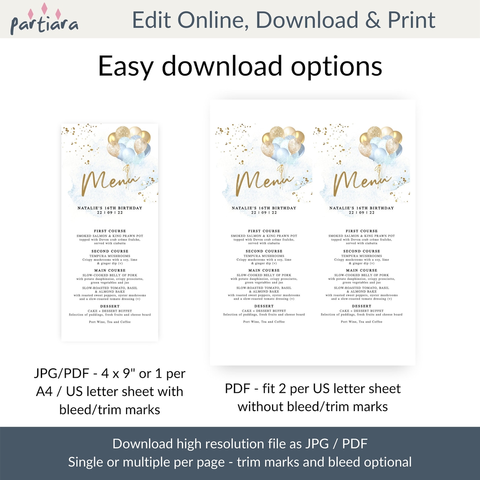 Boy Baby Shower Menu Blue Gold Balloons 1st Birthday Party Etsy