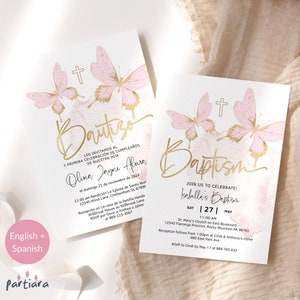 Modèle de fête papillon invitation baptême espagnol, cartes recto-verso filles anglais imprimables, déco or rose pastel, modifiable P293