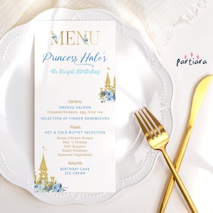 Birthday Princess Menu Card Template, Girls Fairytale Castle Menus Printable, Blue Gold Floral Table Decor, Editable Digital Download P137